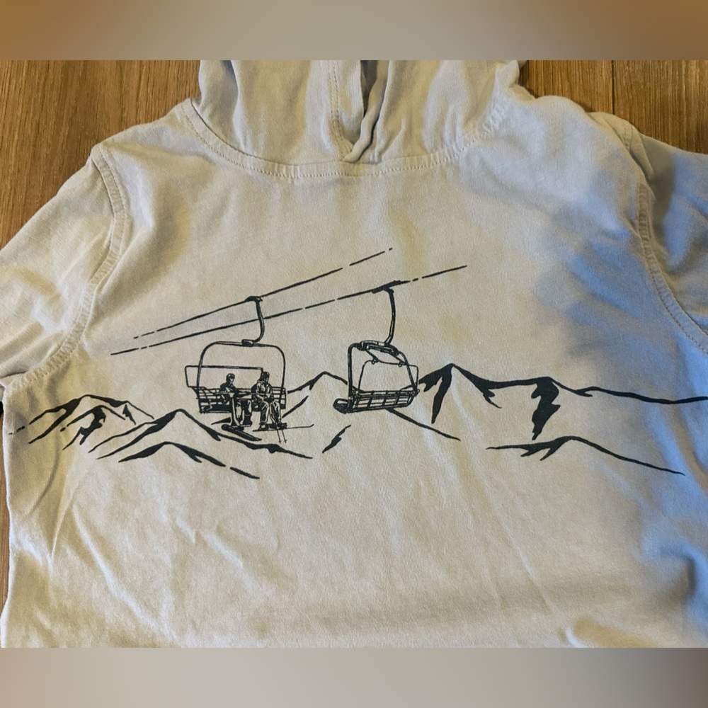 J Crew Boys' ski lift graphic jersey hooded tee
Size: S
Color: FADED CHAMBRAY - Picture 3 of 6